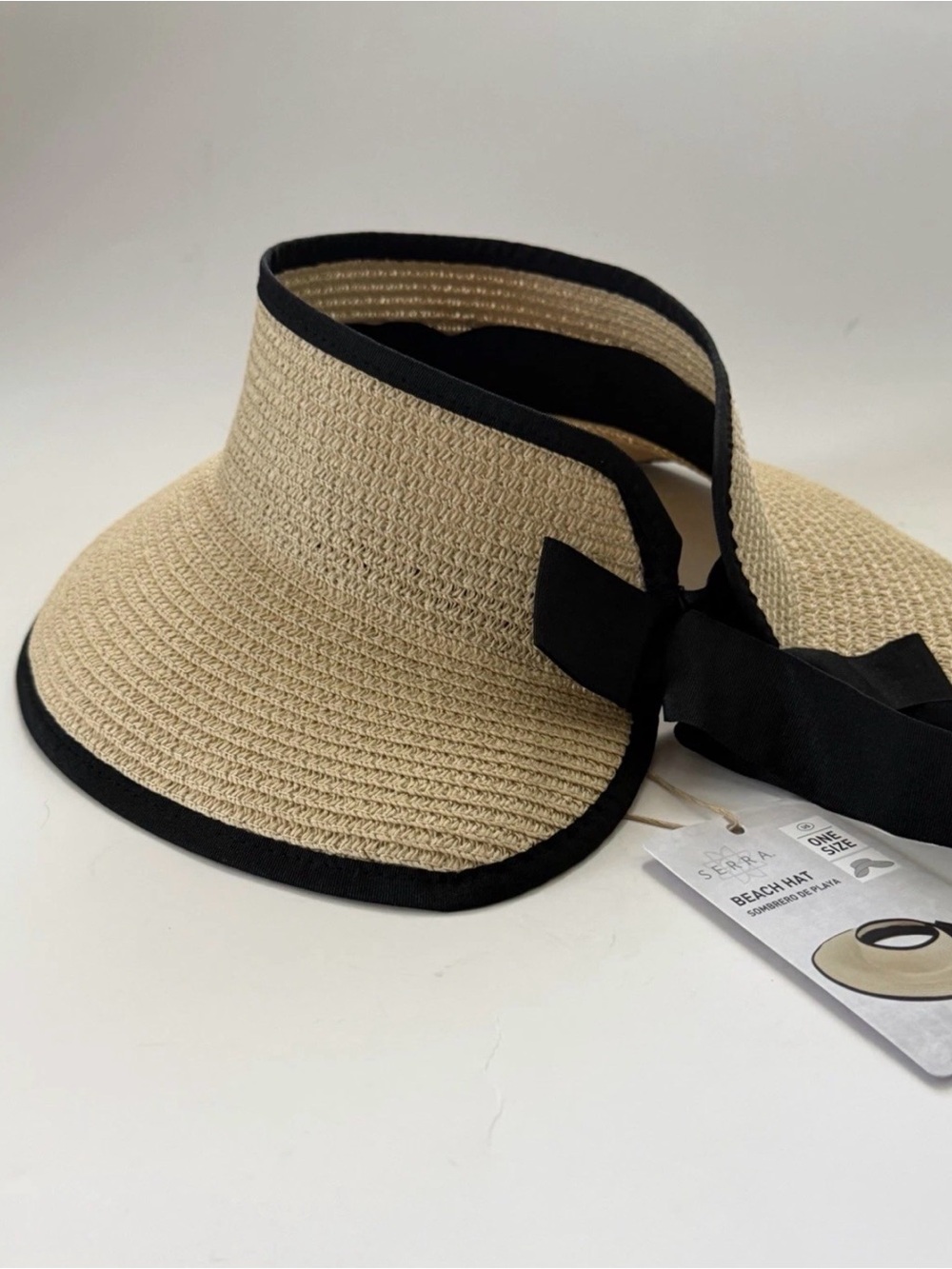 Serra Wide Brim Visor Beach Hat Beige Black Bow Women's Paper Polyester One Size - Picture 4 of 9